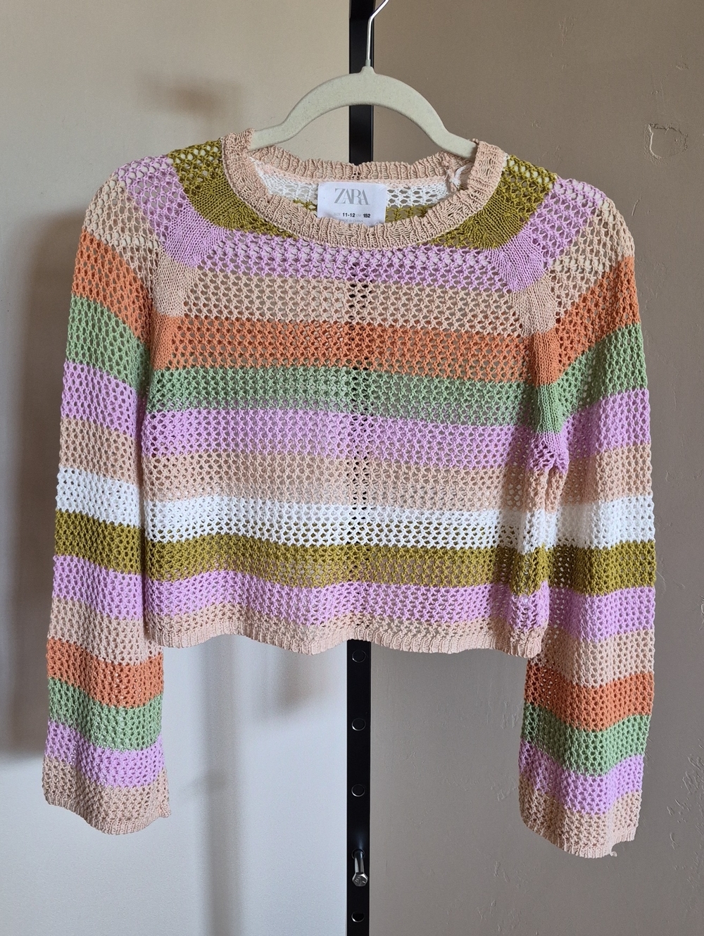 Zara Multicolor Striped Open-Knit Crewneck Sweater Top Size 11-12
